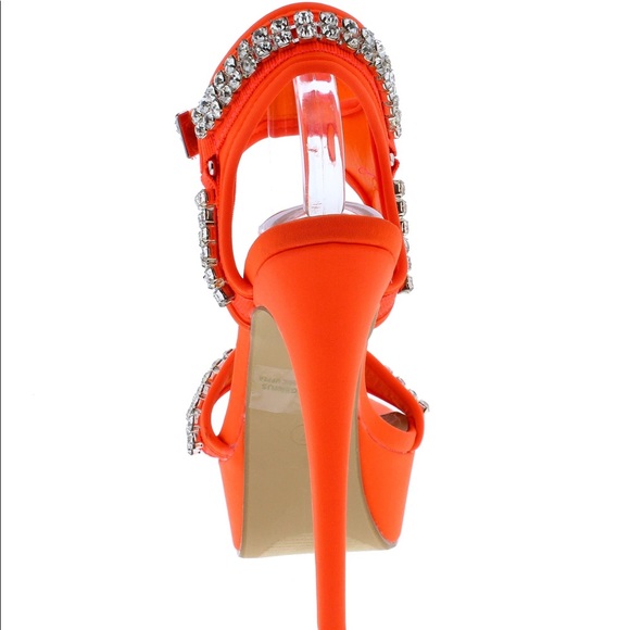 Neon Orange Crystal Embellished Square Toe  High Heel Platform Sandals - Picture 3 of 4